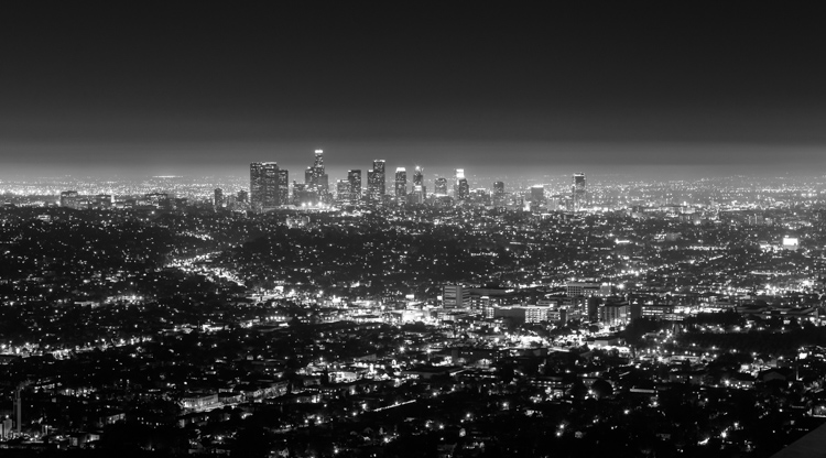 Downtown LA at night from Griffith Observatory, B&W